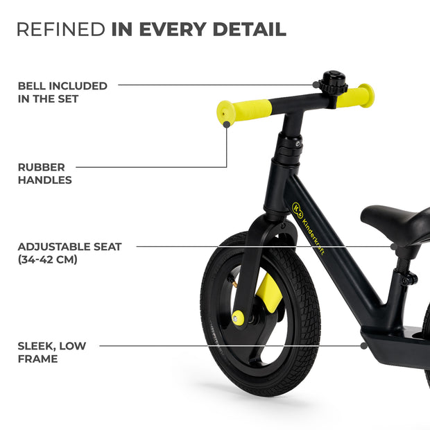 Detailed view of the black Kinderkraft GOSWIFT Balance Bike's features including bell and adjustable seat.