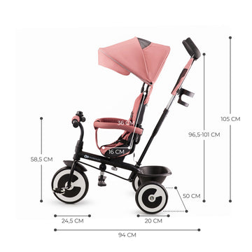 Dimensions of the rose pink Kinderkraft Tricycle ASTON with measurements.