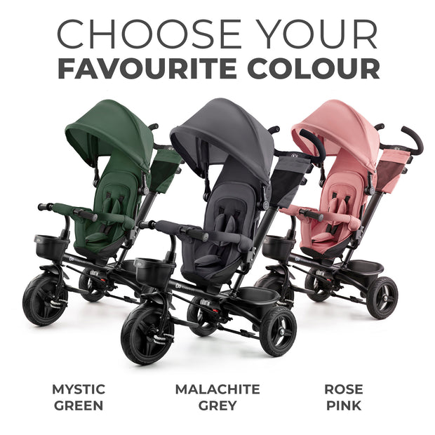 Color options for Kinderkraft Tricycle AVEO: Mystic Green, Malachite Grey, Rose Pink.