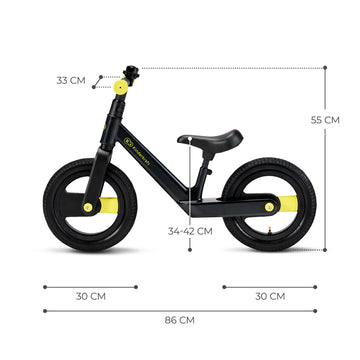 Side profile dimensions of the black Kinderkraft GOSWIFT Balance Bike showing height and length measurements.