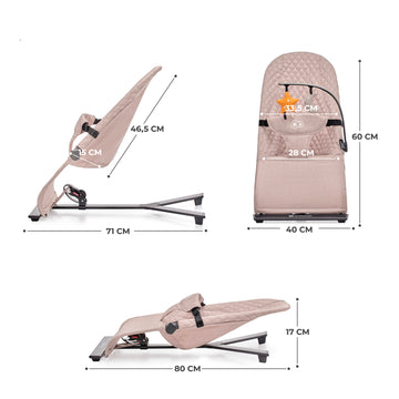 Measurements of beige Kinderkraft Bouncer MIMI for children and parents.