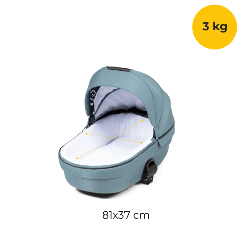 Baby bassinet with dimensions and weight capacity on a white background