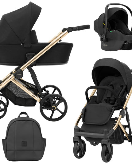 Kunert Stroller Arizo in Black with Golden Frame  + Car Seat and Backpack