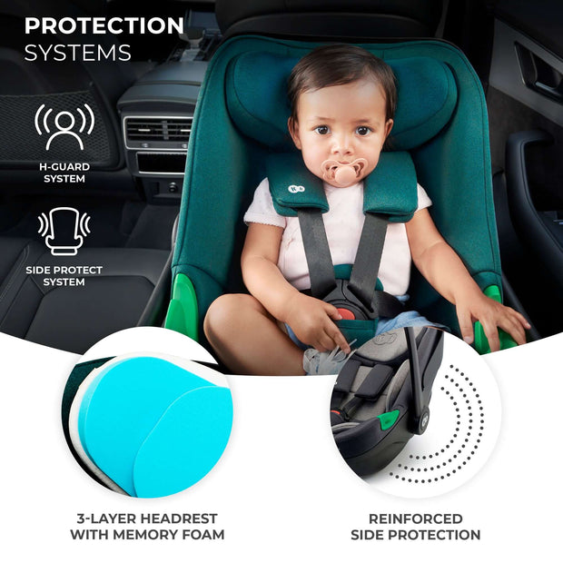 Baby in Kinderkraft Car Seat I-CARE showing protection systems