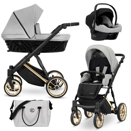 Kunert Ivento Stroller Color: Ivento Eco Dove Grey Frame Color: Golden Frame Combo: 3 IN 1 (Includes Car Seat) KIDZNBABY