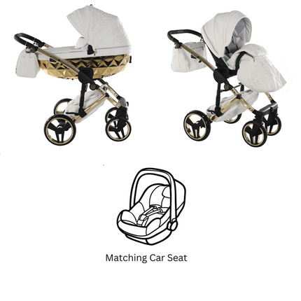 Junama Diamond ENZO Stroller in White and Gold with Car Seat