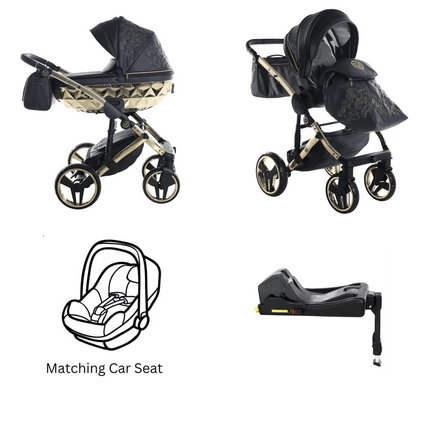Junama Diamond ENZO Stroller in Black and Gold with Car Seat and ISOFIX Base