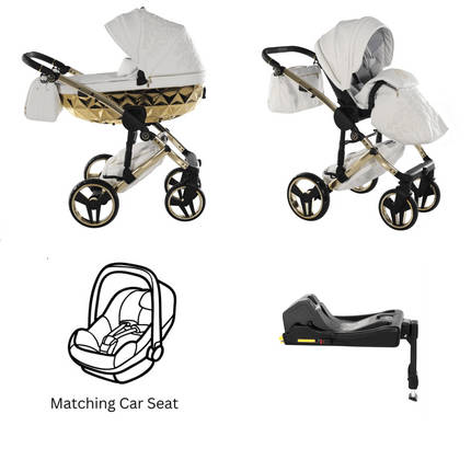 Junama Diamond ENZO Stroller in White and Gold with Car Seat and ISOFIX BASE