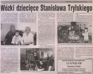 Newspaper article featuring Stanisław Trylski's Junama Diamond children's strollers with family photos and product images.