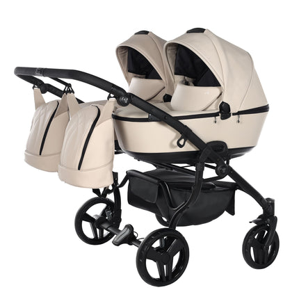 Junama SPACE ECO DUO stroller in beige, designed for twins, featuring two seats and a lightweight aluminum frame.