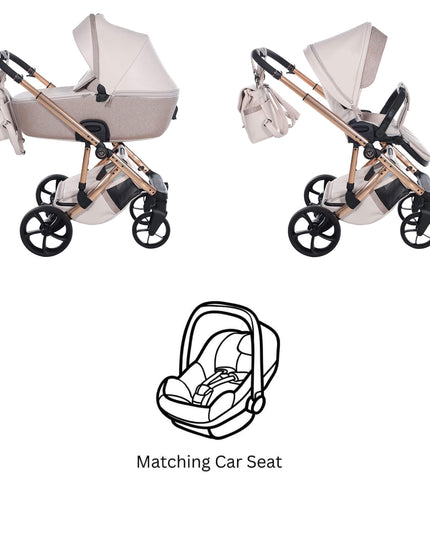 Junama TERMO GLITTER ECO stroller in beige with matching car seat, stylish design, and convenient features for parents.