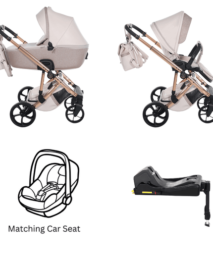 Junama TERMO GLITTER ECO stroller in beige with matching car seat and base, perfect for stylish parents.
