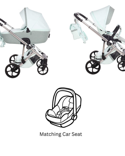 Junama TERMO GLITTER ECO stroller in mint green, featuring convertible design and matching car seat illustration.