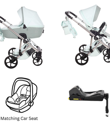 Junama TERMO GLITTER ECO Stroller in mint color with matching car seat and base for easy transport.