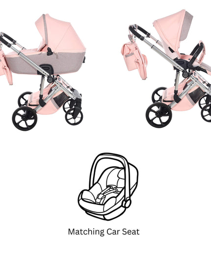Junama TERMO GLITTER ECO Stroller shown in two positions with matching car seat illustration.