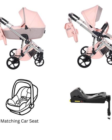 Junama TERMO GLITTER ECO Stroller with matching car seat, designed for comfort and style, showcasing a modern design in pink.