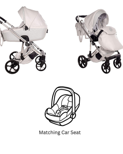 Junama TERMO GLITTER ECO Stroller with matching car seat, showcasing dual functionality and stylish design.