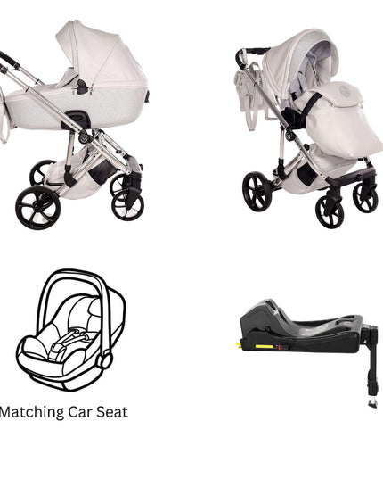 Junama TERMO GLITTER ECO Stroller with matching car seat, stylish and practical for parents.