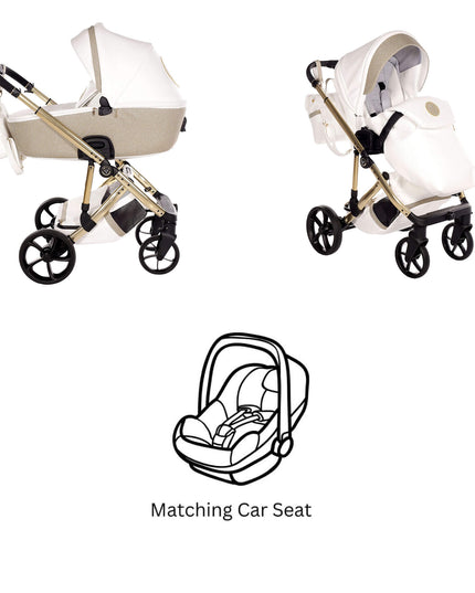 Junama TERMO GLITTER ECO stroller with matching car seat, showcasing elegant design and functionality.