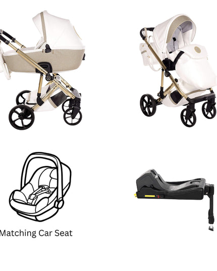 Junama TERMO GLITTER ECO stroller with matching car seat in stylish design, perfect for parents on the go.