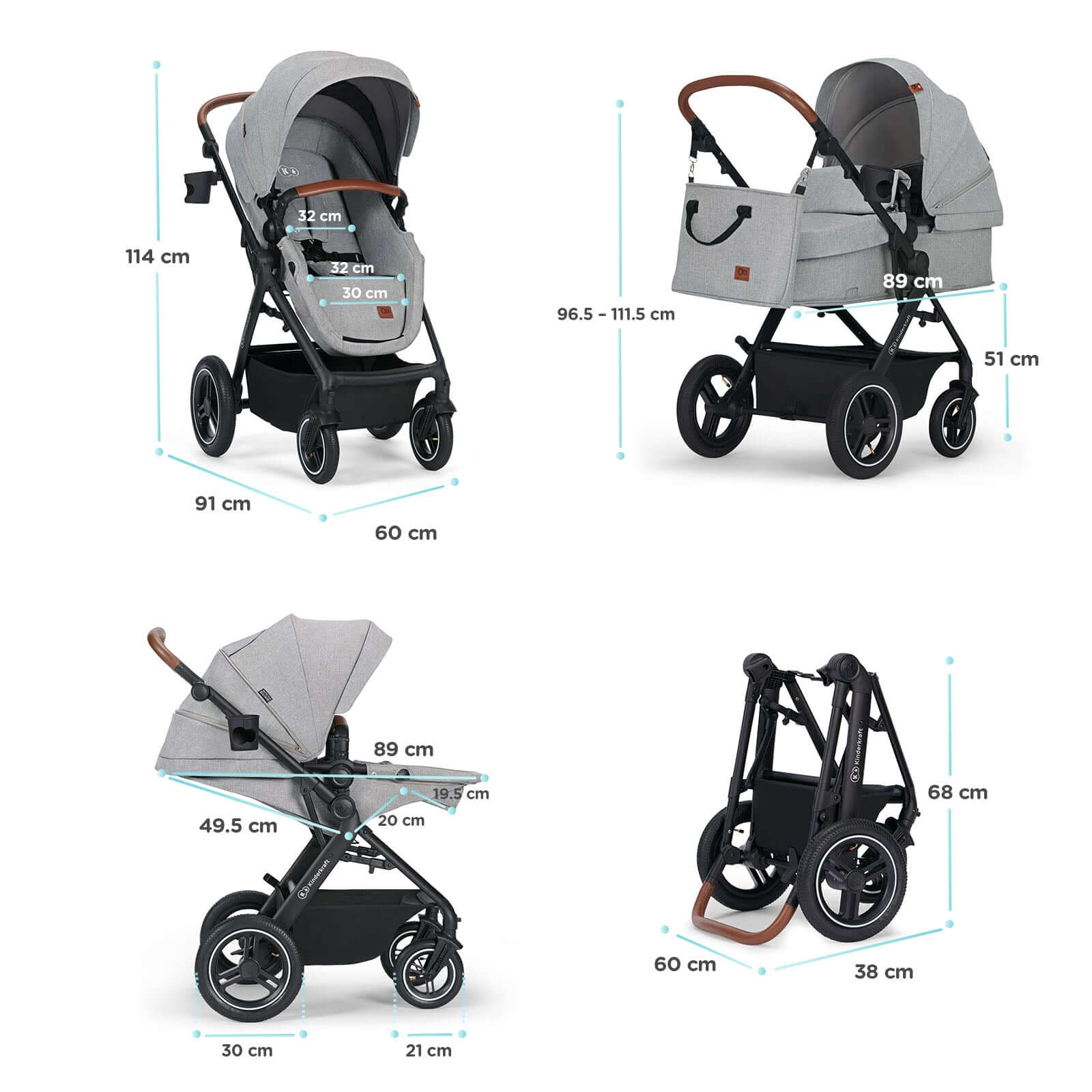 Dimensions Of Kinderkraft B-Tour 3 IN 1 Travel System In Gray