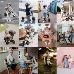 Collage of kids and parents using Kinderkraft balance bikes, tricycles, and strollers, showcasing the brand's versatile baby gear.