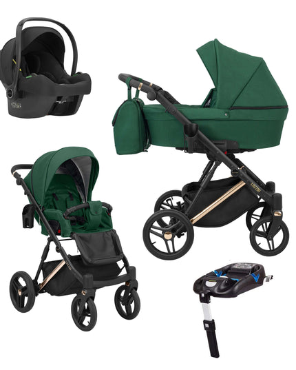 Kunert Lazzio Stroller Color: Lazzio Green Frame Color: Rose Golden Frame Combo: 4 IN 1 (Includes Car Seat + ISOFIX Base) KIDZNBABY