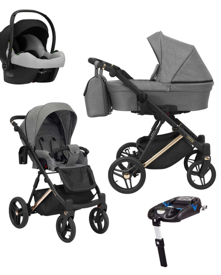 Kunert Lazzio Stroller Color: Lazzio Gray Frame Color: Rose Golden Frame Combo: 4 IN 1 (Includes Car Seat + ISOFIX Base) KIDZNBABY