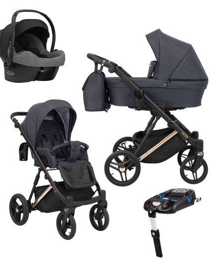 Kunert Lazzio Stroller Color: Lazzio Anthracite Frame Color: Rose Golden Frame Combo: 4 IN 1 (Includes Car Seat + ISOFIX Base) KIDZNBABY