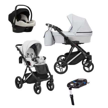 Kunert Lazzio Stroller Color: Lazzio Ash Eco Leather Frame Color: Silver Frame Combo: 4 IN 1 (Includes Car Seat + ISOFIX Base) KIDZNBABY