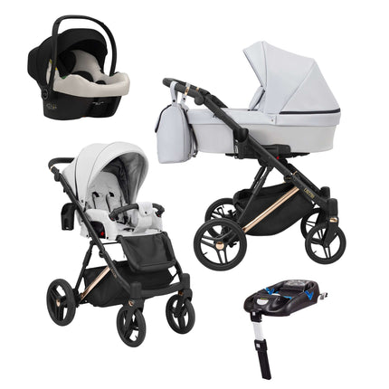 Kunert Lazzio Stroller Color: Lazzio Ash Eco Leather Frame Color: Rose Golden Frame Combo: 4 IN 1 (Includes Car Seat + ISOFIX Base) KIDZNBABY