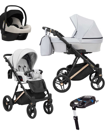 Kunert Lazzio Stroller Color: Lazzio Ash Eco Leather Frame Color: Rose Golden Frame Combo: 4 IN 1 (Includes Car Seat + ISOFIX Base) KIDZNBABY