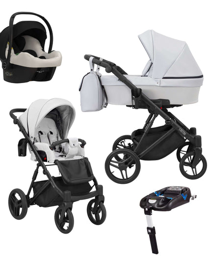 Kunert Lazzio Stroller Color: Lazzio Ash Eco Leather Frame Color: Black Frame Combo: 4 IN 1 (Includes Car Seat + ISOFIX Base) KIDZNBABY