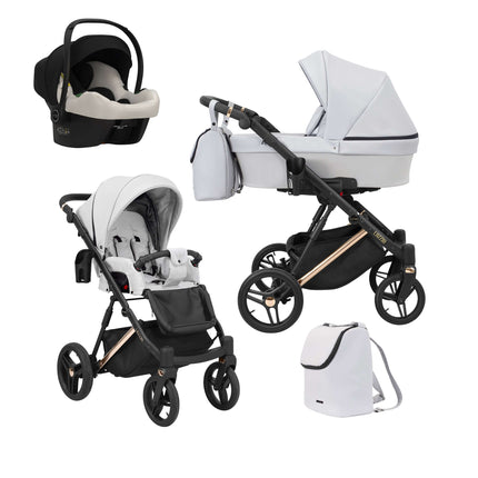 Kunert Lazzio Stroller Color: Lazzio Ash Eco Leather Frame Color: Rose Golden Frame Combo: 3 IN 1 (Includes Car Seat) KIDZNBABY