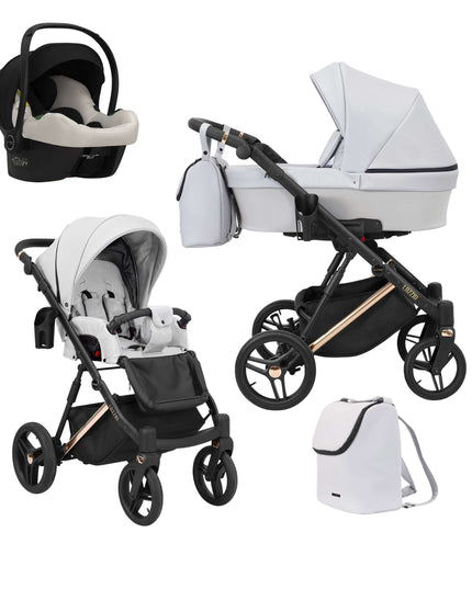 Kunert Lazzio Stroller Color: Lazzio Ash Eco Leather Frame Color: Rose Golden Frame Combo: 3 IN 1 (Includes Car Seat) KIDZNBABY