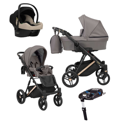 Kunert Lazzio Stroller Color: Lazzio Graphite Eco Leather Frame Color: Rose Golden Frame Combo: 4 IN 1 (Includes Car Seat + ISOFIX Base) KIDZNBABY