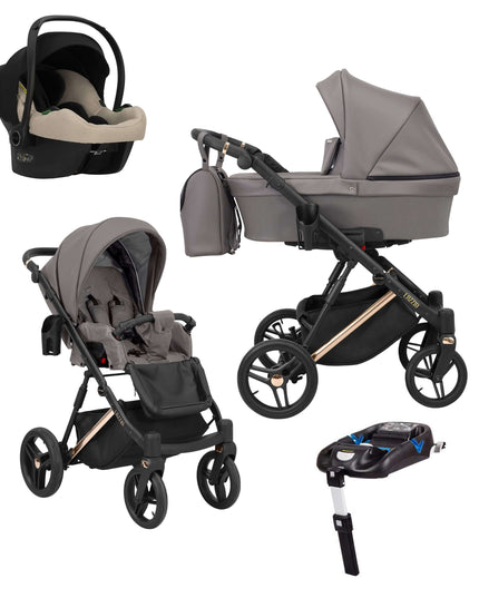 Kunert Lazzio Stroller Color: Lazzio Graphite Eco Leather Frame Color: Rose Golden Frame Combo: 4 IN 1 (Includes Car Seat + ISOFIX Base) KIDZNBABY