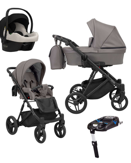 Kunert Lazzio Stroller Color: Lazzio Graphite Eco Leather Frame Color: Black Frame Combo: 4 IN 1 (Includes Car Seat + ISOFIX Base) KIDZNBABY