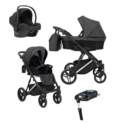 Kunert Lazzio Stroller Color: Lazzio Black Eco Leather Frame Color: Silver Frame Combo: 4 IN 1 (Includes Car Seat + ISOFIX Base) KIDZNBABY