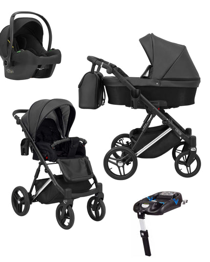 Kunert Lazzio Stroller Color: Lazzio Black Eco Leather Frame Color: Silver Frame Combo: 4 IN 1 (Includes Car Seat + ISOFIX Base) KIDZNBABY