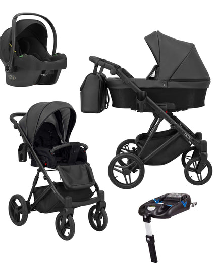 Kunert Lazzio Stroller Color: Lazzio Black Eco Leather Frame Color: Black Frame Combo: 4 IN 1 (Includes Car Seat + ISOFIX Base) KIDZNBABY