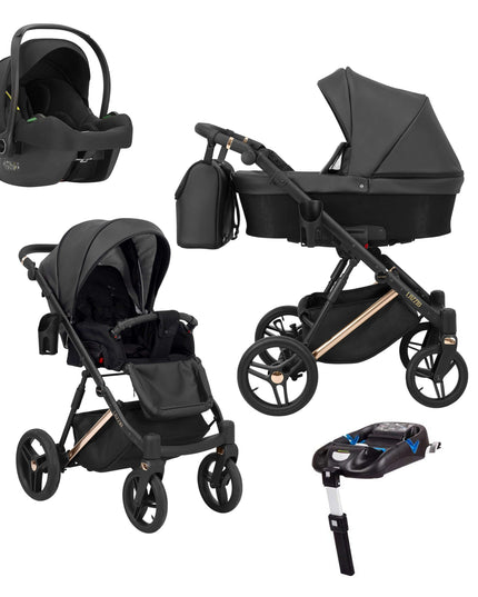 Kunert Lazzio Stroller Color: Lazzio Black Eco Leather Frame Color: Rose Golden Frame Combo: 4 IN 1 (Includes Car Seat + ISOFIX Base) KIDZNBABY