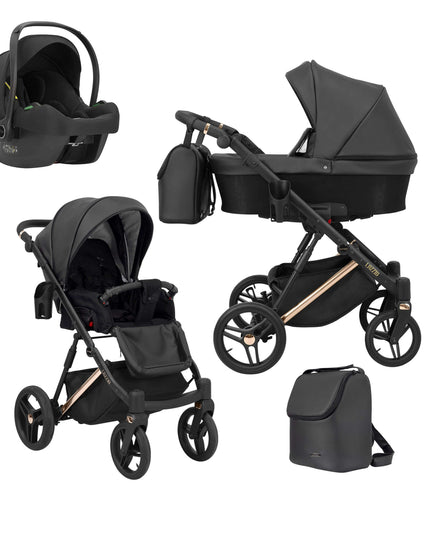 Kunert Lazzio Stroller Color: Lazzio Black Eco Leather Frame Color: Rose Golden Frame Combo: 3 IN 1 (Includes Car Seat) KIDZNBABY