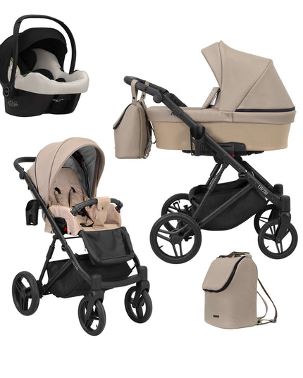 Kunert Lazzio Stroller Color: Lazzio Cappuccino Eco Leather Frame Color: Black Frame Combo: 3 IN 1 (Includes Car Seat) KIDZNBABY