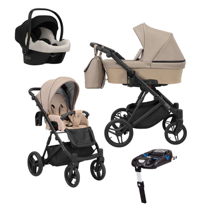 Kunert Lazzio Stroller Color: Lazzio Cappuccino Eco Leather Frame Color: Black Frame Combo: 4 IN 1 (Includes Car Seat + ISOFIX Base) KIDZNBABY