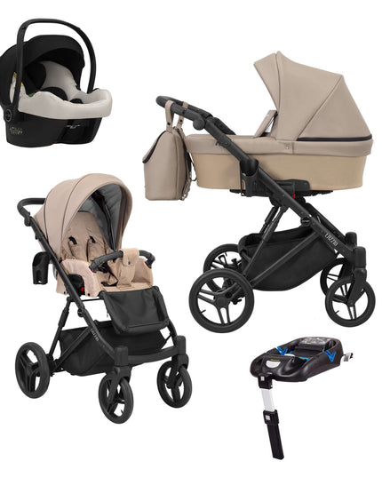 Kunert Lazzio Stroller Color: Lazzio Cappuccino Eco Leather Frame Color: Black Frame Combo: 4 IN 1 (Includes Car Seat + ISOFIX Base) KIDZNBABY