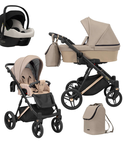 Kunert Lazzio Stroller Color: Lazzio Cappuccino Eco Leather Frame Color: Rose Golden Frame Combo: 3 IN 1 (Includes Car Seat) KIDZNBABY