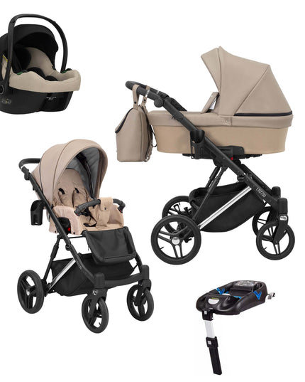 Kunert Lazzio Stroller Color: Lazzio Cappuccino Eco Leather Frame Color: Silver Frame Combo: 4 IN 1 (Includes Car Seat + ISOFIX Base) KIDZNBABY