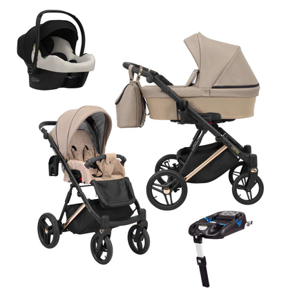 Kunert Lazzio Stroller Color: Lazzio Cappuccino Eco Leather Frame Color: Rose Golden Frame Combo: 4 IN 1 (Includes Car Seat + ISOFIX Base) KIDZNBABY