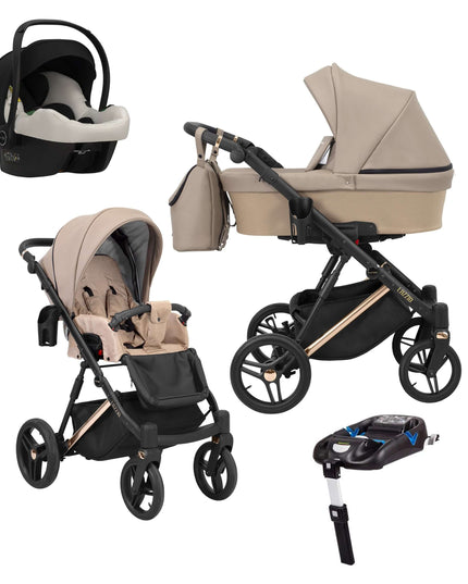 Kunert Lazzio Stroller Color: Lazzio Cappuccino Eco Leather Frame Color: Rose Golden Frame Combo: 4 IN 1 (Includes Car Seat + ISOFIX Base) KIDZNBABY